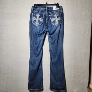 Grace In LA Size 29 Blue Denim Jeans Boot Cut Embroidered Pockets Distressed